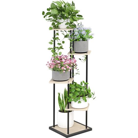 5 Niveaux Support pour Plantes, Étagère pour Plantes en Métal Bois, Porte Plantes D'intérieur pour Plusieurs Plantes, Support Pot de Fleur le Balcon du Jardin, Salon, Bureau, Couleur bois (1/5)