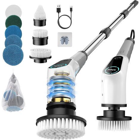 Electric Cleaning Brush, 8 Replaceable Heads, Extendable Handle, 2 Speeds, For Bathroom and Tiles (1/5)