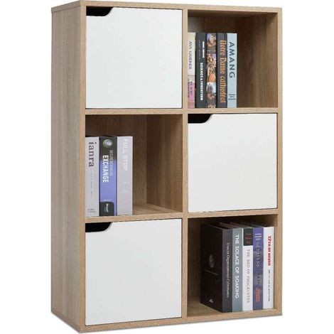 Meerveil Bücherschrank, Vielschichtiges Aufbewahrungsregal für Bücher und DVDs, Sechs Fächer mit 3 Türen, Standregal, Hellbraun (1/5)