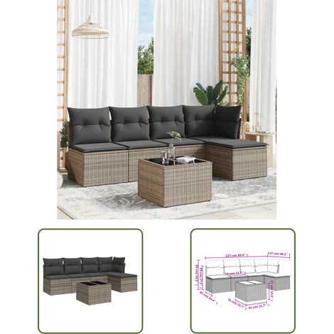 The Living Store 6-tlg. Garten-Sofagarnitur mit Kissen Grau Poly Rattan - Gartensorte - Gartenmöbelset - PE-Rattan Möbel - Outdoor Sofa - Lounge Set