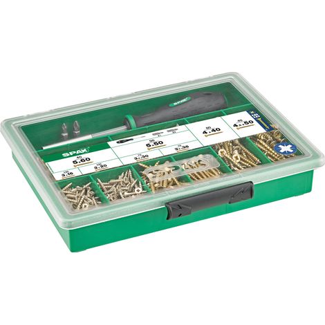 Spax – Assortiment de vis à bois 630 pièces – 8 dimensions – Tête fraisée cruciforme Z – Visseuse et embouts inclus – Revêtement YELLOX