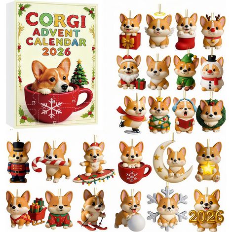 Calendrier de l'Avent Corgi 2026 - 24 décorations plates 2D en acrylique à suspendre, représentant d'adorables corgis - Calendrier de l'Avent surprise - Décoration de sapin et cadeau idéal pour les am (1/4)