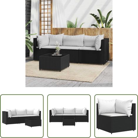 Canapé d'angle -  Salon de jardin 4 pcs avec coussins Noir Résine tressée (1/5)