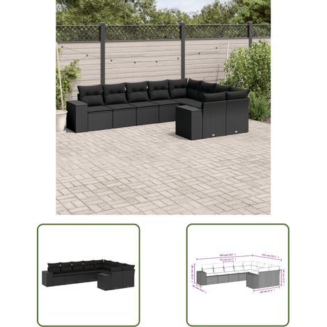 The Living Store 9-tlg. Garten-Sofagarnitur mit Kissen Schwarz Poly Rattan - Gartensofas - Outdoor Möbel - Lounge Set - Rattan Gartenmöbel - Gartenlounge (1/2)