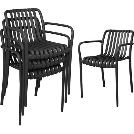 Ensemble de 4 chaises de patio empilables, chaises de salle à manger d'extérieur avec dossier incurvé, assise à lattes et accoudoirs (1/5)