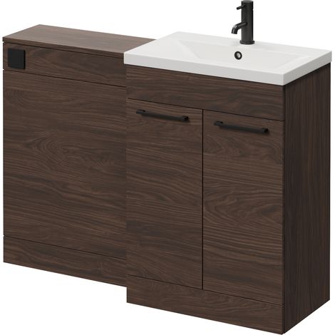 Napoli 390 Cento Brown Oak 1200mm 2 Door Vanity Unit Toilet Suite with Glide Basin - 1200mm - Matt Black 160mm HandleWithout Kingston Toilet Pan