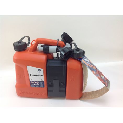 Husqvarna Kombikanister ✔ 5L Kraftstoff & 2,5 L Öl, Dual-Kammer mit integriertem Werkzeugfach, auslaufsicheren Ausgüssen & UN-Zulassung für Kettensägen, Trimmer und Gartengeräte (1/4)