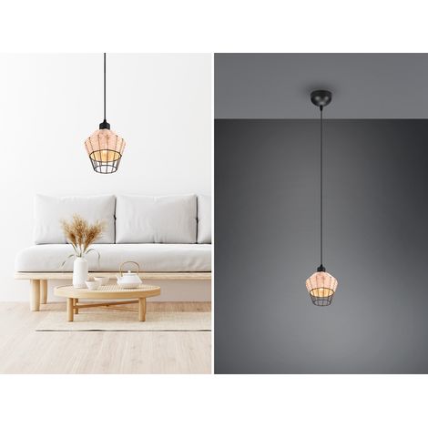 LED Pendelleuchte mit Rattan Geflecht Natur und Gitter im Boho Stil, Ø 18cm (1/5)