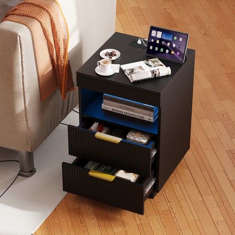 Table de Chevet moderne, Meuble de rangement avec Prises USB et LED, Table de Nuit 2 Tiroirs et Rangement Caché, Table d’appoint pour Chambre,table basse,Noir,40x40x60 cm (1/5)