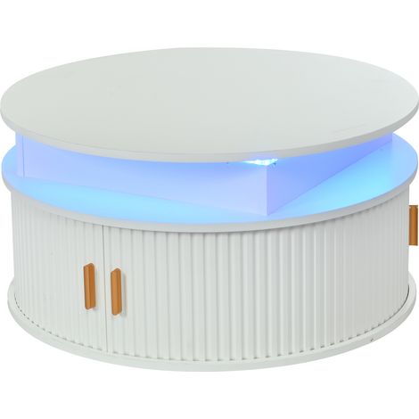 Table basse ronde réglable en hauteur, plateau blanc brillant avec rangement dissimulé et éclairage LED par application, 75 x 52 cm (1/5)