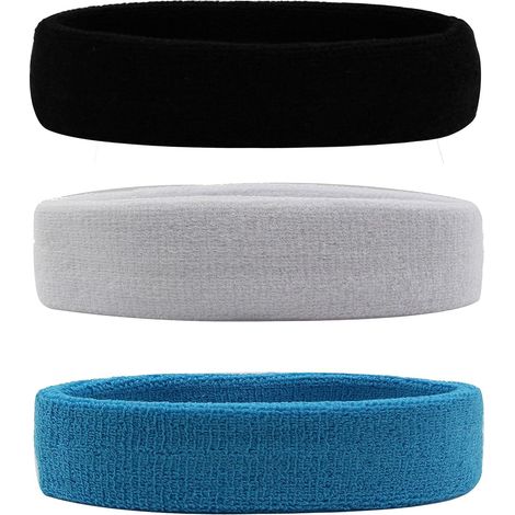 Bandeau sportif homme femme élastique, serre-tête en coton respirant anti-transpiration, lot de 3 couleurs noir blanc bleu ciel (1/5)