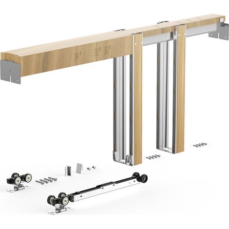 VEVOR Kit de Marco para Puerta Corredera Anchura 812,8 mm Altura 2032 mm, Herrajes, Material de Madera y Acero, Rieles de Acero Galvanizado, Rodillo de 3 Ruedas, Kit Completo de Accesorios, Empotrado (1/5)