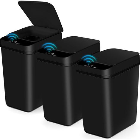 3 Pack Poubelle Salle Bain, 12L Poubelle Automatique avec Couvercle, Corbeille à Détection de Mouvement, Poubelle Fine à Épreuve des Chiens, Poulailler Étanche pour Chambre, Bureau, Cuisine (Noir) (1/5)