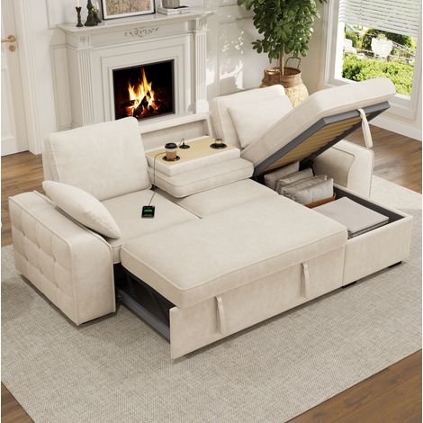 Sofá esquinero de 3 plazas de 212x150x86 cm con almacenamiento, puerto USB, mesa plegable, chenilla beige. (1/5)
