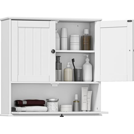 Meuble de salle de bain mural rustique avec étagère réglable, double porte et porte à charnières, 60 x 19,5 x 60 cm, blanc (1/5)