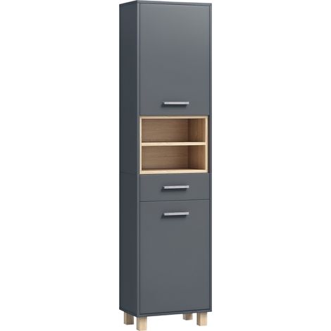 Homcom – Colonne de salle de bain 40 x 24 x 160 cm – 2 placards, 1 tiroir, 2 compartiments ouverts – MDF gris avec poignées en aluminium