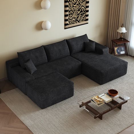 Divano angolare modulare con chaise longue reversibile, tessuto nero, seduta profonda, non richiede montaggio, per soggiorno (1/5)