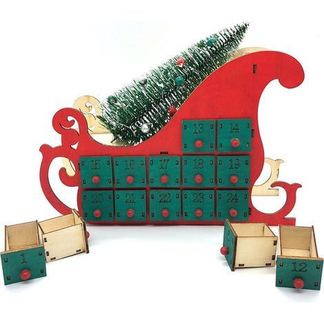 Christmas Sleigh Tree Wooden Advent Calendar Countdown 24 Drawers with LED Light Xmas Party Decor Ornament (1/5)