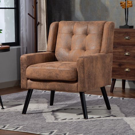 Fauteuil capitonné en daim à boutons – Fauteuil moderne du milieu du siècle avec coussin en mousse haute densité et pieds en bois massif, idéal pour les petits espaces : salon, chambre, bureau