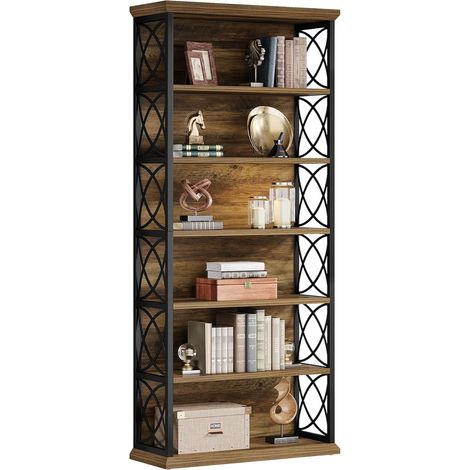 Tribesigns Bibliothèque 6 Niveaux 185 cm, Étagère Industrielle Bibliotheque Livre Ouverte, Rack de Rangement Haut pour Bureau à Domicile, Salon, Chambre (Marron & Noir) (1/5)