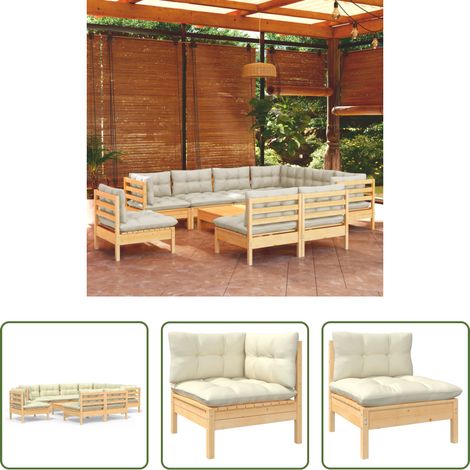 Terrassensofa - 10-tlg. Garten-Lounge-Set mit Creme Kissen Massivholz Kiefer (1/5)