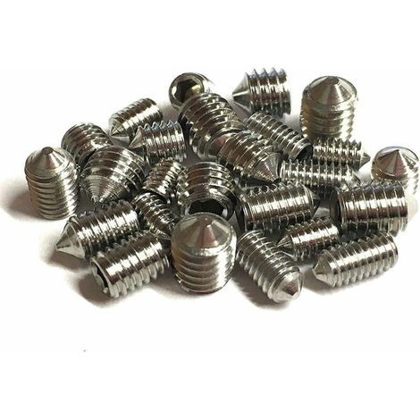 Confezione da 16 viti di fermo coniche, lunghe 5 mm, con filettature metriche di vario tipo: M3, M4, M5 e M6. Confezione da viti di fermo esagonali in acciaio inossidabile di grado A2. (1/3)