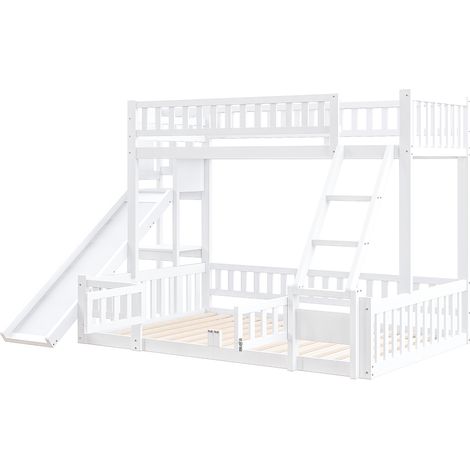 Lit superposé 140 x 200 cm en pin et MDF, avec toboggan, escalier et rangements, blanc (1/5)