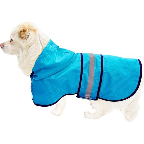 Imperméable et respirant pour chien - Poncho réfléchissant ventrale à capuche avec sangle bleu léger et trous pour laisse (petit, réglable) (1/4)