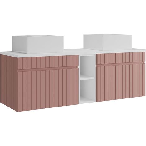 Mobile bagno sospeso scanalato con nicchie e doppio lavabo da appoggio quadrato Rosa L140 cm - SATARA