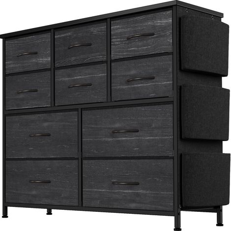 Cómoda de 10 cajones en tela – Estructura metálica, superficie de madera, bolsillos laterales y ganchos – Marrón rústico (1/5)