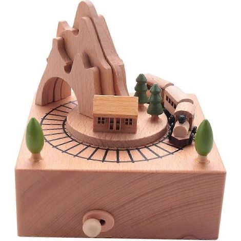 Boîte à musique en bois représentant un tunnel de montagne avec un petit train magnétique mobile. (1/5)