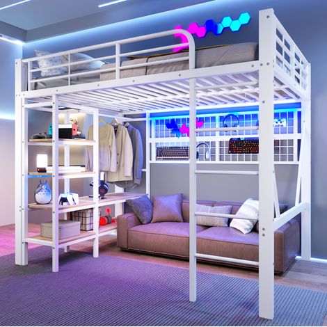 Hochbett Metall Weiß 140x200 cm mit LED-Lichtleiste, Ablagefach und offenem Raum unter dem Bett (1/5)