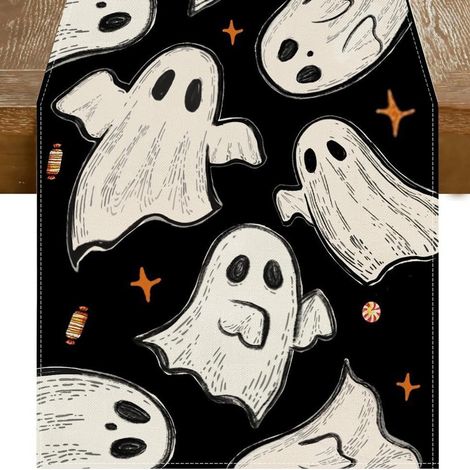 Chemin de Table Halloween 33x183 cm Fond Noir Fantômes Étoiles (1/5)