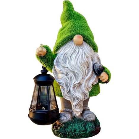 Gnomo da giardino alto 33 cm, decorazione con luci solari, statua originale in resina impermeabile, ideale per prato, giardino, spazi esterni, simpatico gadget per feste.