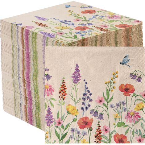 Table Kind 100 Tovaglioli di Carta Riciclata 2 Veli 33cm, Design Prato Selvatico Floreale, Kraft Naturale Non Candeggiato, per Matrimoni Tea Party Feste, Marchio Britannico