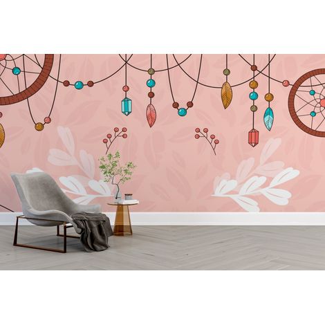 Papier peint boho - attrapes-rêves et plumes suspendues roses - 150 x 250 cm (1/2)