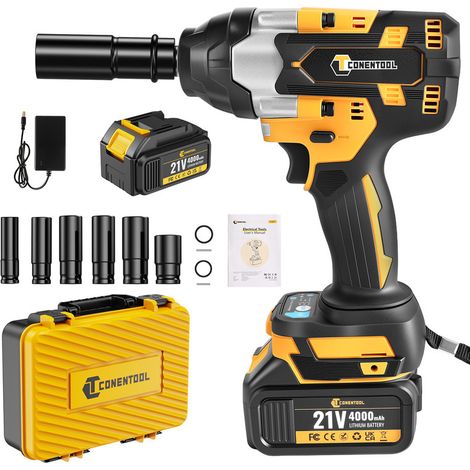 CONENTOOL Clé à chocs sans fil Brushless 1200Nm, 1/2 " Boulonneuse a Choc avec 1x4.0 Ah Batterie , Boîte avc 6pcs Accessoires (1/5)