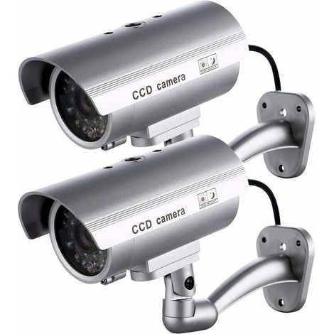 Lot de 2 caméras factices, caméras extérieures factices pour utilisation intérieure ou extérieure, avec forme de balle et LED clignotante, RTGPT (Argent)-INHHUB (1/5)