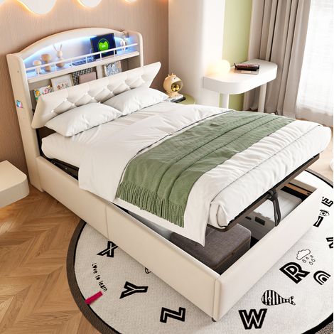 Bett Einzelbett mit Stauraum 90x200 Samt Beige OKMYHOME (1/5)