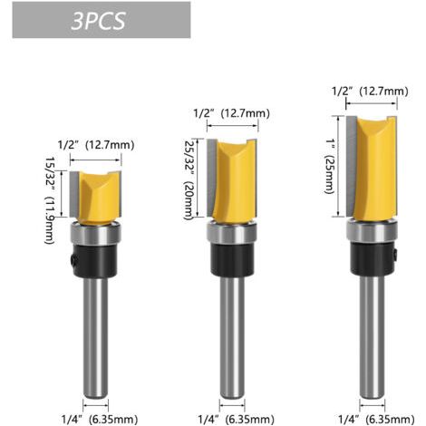 3Pcs 1/4 Tige Fraise à Copier, Fraise de Copiage, Outils de Fraisage de Menuiserie Bricolage de Coupe avec Roulement Supérieur (1/4)
