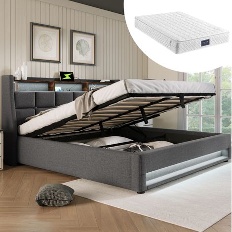 letto contenitore 160x200 USB LED grigio con materasso OKMYHOME (1/5)