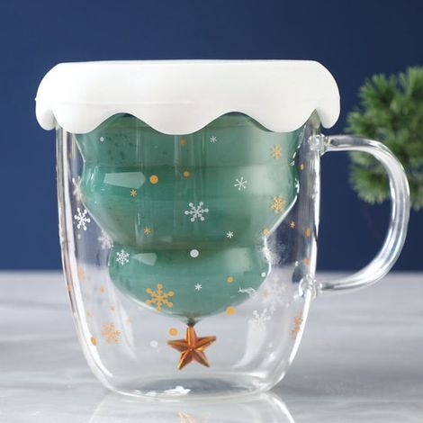 Mug de Noël - Mug en verre à double paroi isolante, joli mug décoré de flocons de neige et d'étoiles, couvercle et anse en silicone ondulé - 300 ml (1/2)