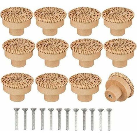 Lot de 12 Boutons de Commode en Rotin de Style Bohème - Faits à la Main - Inclus Vis - Convient pour Meubles en Bois, Tiroirs, Armoires (1/4)
