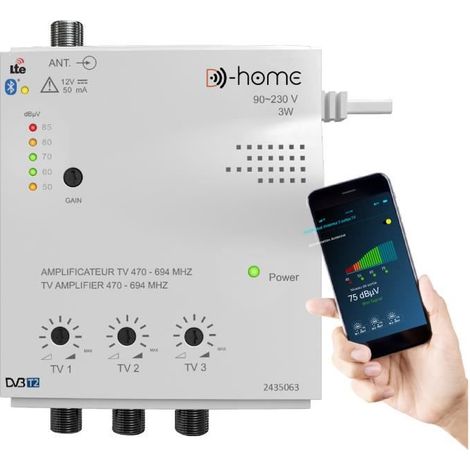 Amplificateur TV - D-Home - Intérieur 3 Sorties 28dB - Connecté - Filtré 4G-5G - App Mobile TV Finder