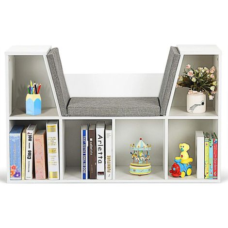COSTWAY Scaffale per Libri, Libreria Panca in Legno con Cuscini per Bambini (BIanco) (1/5)