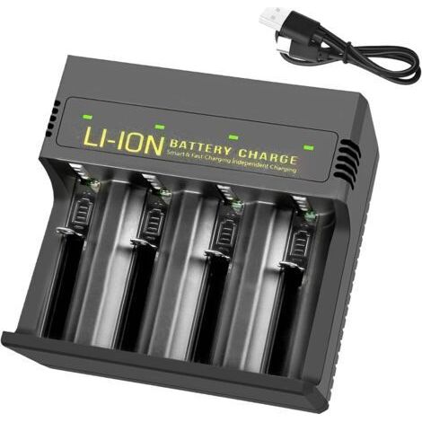 Chargeur de batterie universel pour piles rechargeables C AA AAA, NiMH NiCd Li-ion, charge rapide USB-C avec fonction de décharge, 4 emplacements indépendants. (1/4)