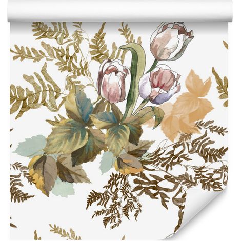 Carta da parati con foglie e tulipani in stile vintage per soggiorno e camera da letto, 50x1000 cm. (1/5)