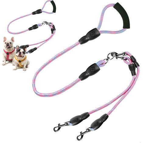 Laisse Double pour 2 Chiens,Laisse à Pivotante à 360°avec 2 Mousquetons,Canicross Anti-Dérapante Réglable avec Poignée éponge pour Chiens de Petite et Moyenne Taille,1 Pièce,Rose (1/5)