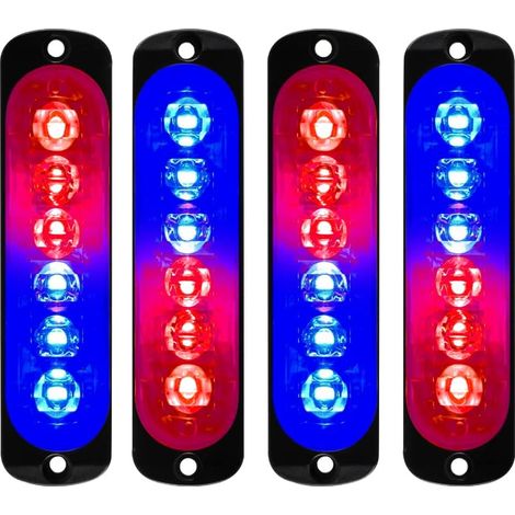 4pcs 12-24V Ultra Mince Voyant Barre D'alarme Stroboscopique d'urgence Lampe- 6LEDS Bande lumineuse D'avertissement de Flash Camion Moto Voiture -Rouge + bleu (1/5)
