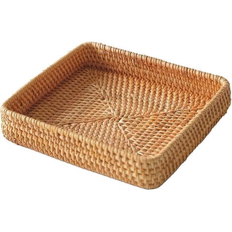 Plateau de service en rotin, plateau carré tressé, panier de rangement en osier --